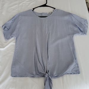 Light blue/white striped tie front blouse